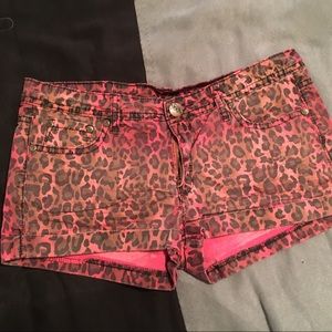 Pink/orange leopard denim shorts